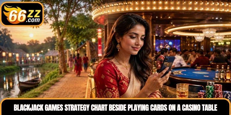Blackjack Games strategy chart beside playing cards on a modern casino table