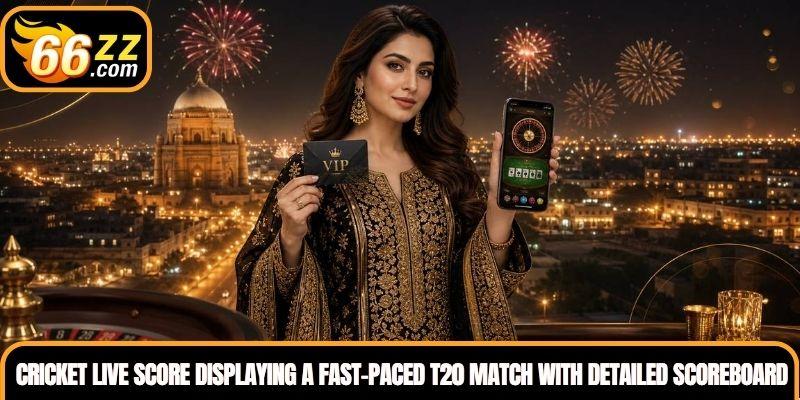 Cricket Live Score displaying a fast-paced T20 match with detailed scoreboard information