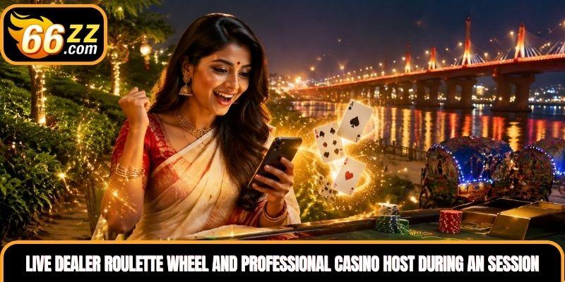 Live Dealer roulette wheel and professional casino host during an online session