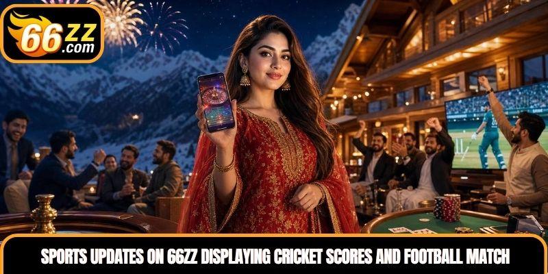 Sports Updates on 66ZZ displaying cricket scores and football match information