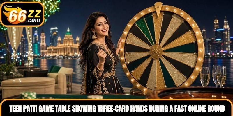 Teen Patti Game table showing three-card hands during a fast online round